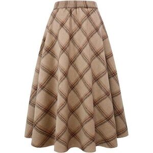 Women's High Elastic Waist Maxi Skirt A-line Plaid Winter Warm Flare Long Skirt